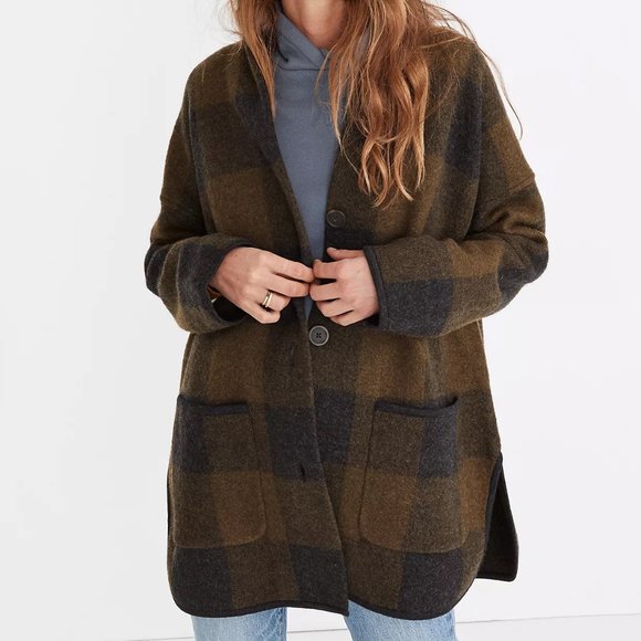 Madewell Jackets & Blazers - Madewell Green Buffalo Check Buttoned Sweater Coat
